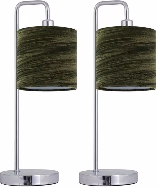 First Choice Lighting Set of 2 Chrome Arched Table Lamps with Green Fabric Shades
