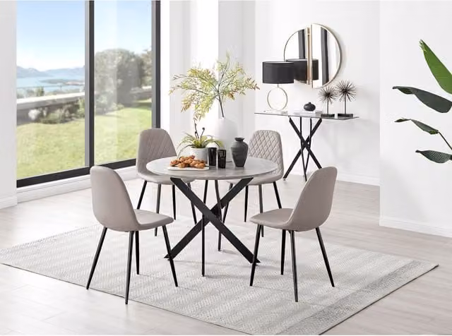 FurnitureboxUK Novara Grey Concrete Round Dining Table with 4 Cappuccino Corona Black Leg Chairs