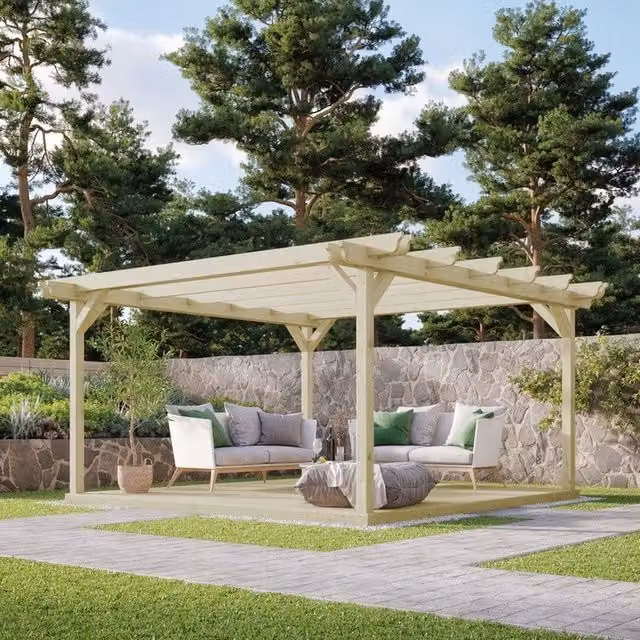 Rutland County Garden Furniture Ltd Double Garden Pergola and Decking Kit in Rustic Brown and Light Green, W: 360 cm, D: 360 cm, H: 273 cm