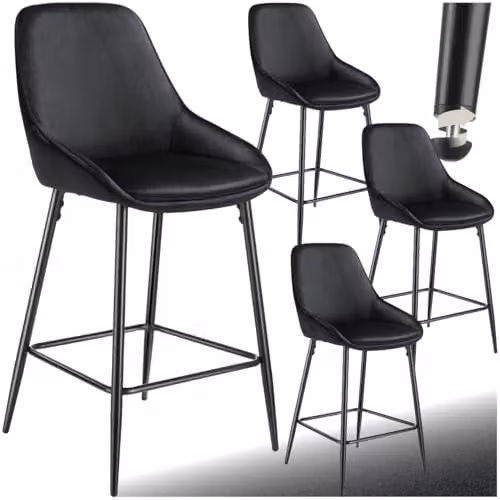 tectake Set of 4 Siera Bar Stools in Black Velvet Look with Slim Metal Legs – 1