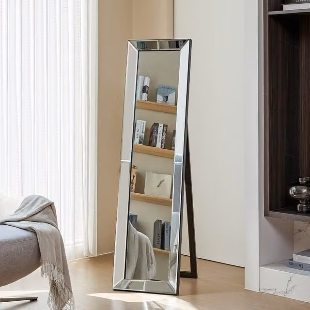 Livingandhome Modern Rectangular Freestanding Bevelled Floor Mirror in Silver