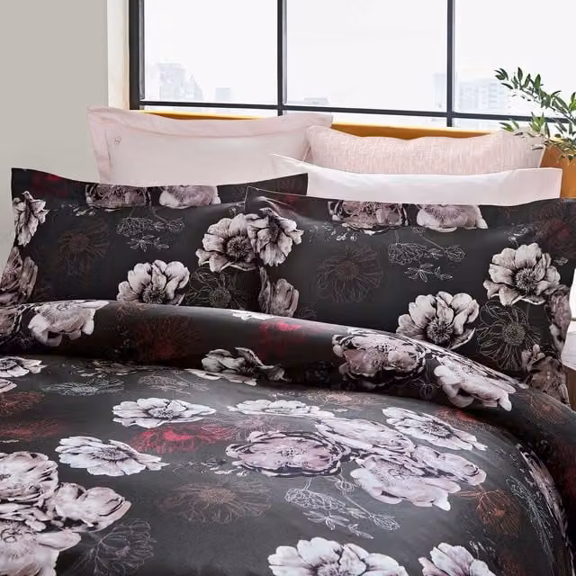Ted Baker Fresh Start Single Duvet Cover and Pillowcase Set, Charcoal Floral Mako Satin Cotton, W: 90 cm, L: 200 cm – 1