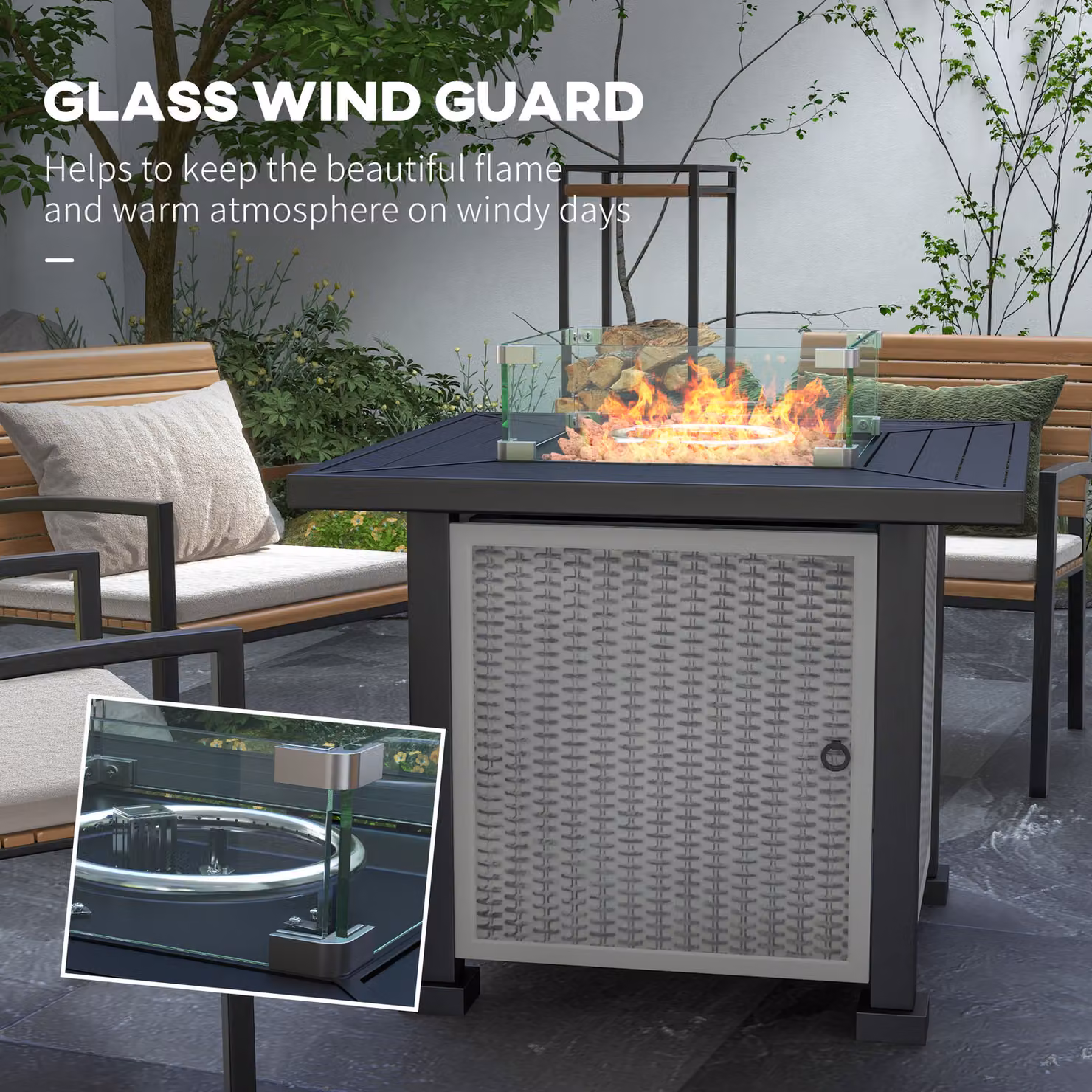 Outsunny Grey Rattan Gas Fire Pit Table with Glass Screen and Lid – 7