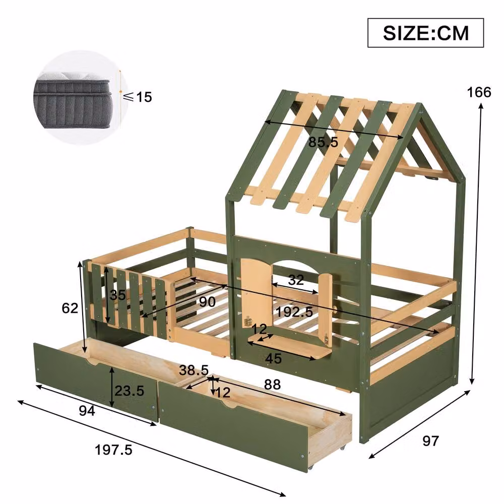 STILVORA Modern Childrens Bed Frame with Drawers in Green Finish, W/D/H: 90 x 190 x 166 cm – 2