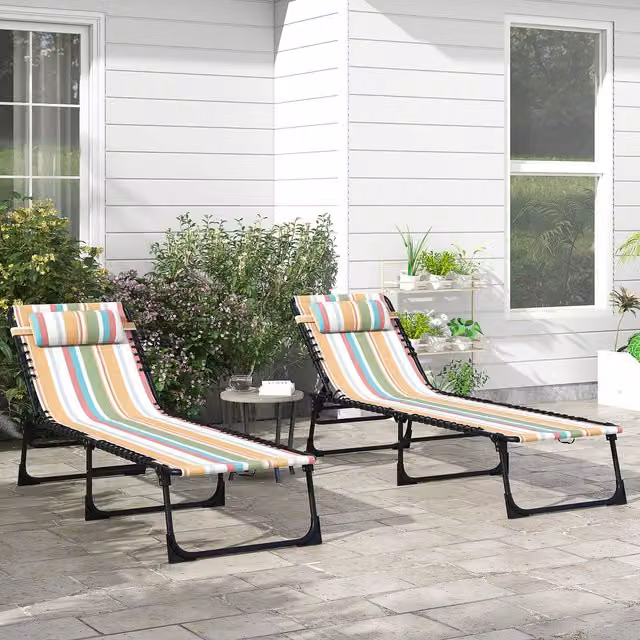 Outsunny Multicoloured Striped Reclining Sun Lounger Set with Textilene Fabric and Metal Frame