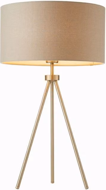 Loops Modern Tripod Table Lamp with Grey Fabric Shade and Nickel Metal Legs, H 60 cm x W 40 cm x D 35 cm
