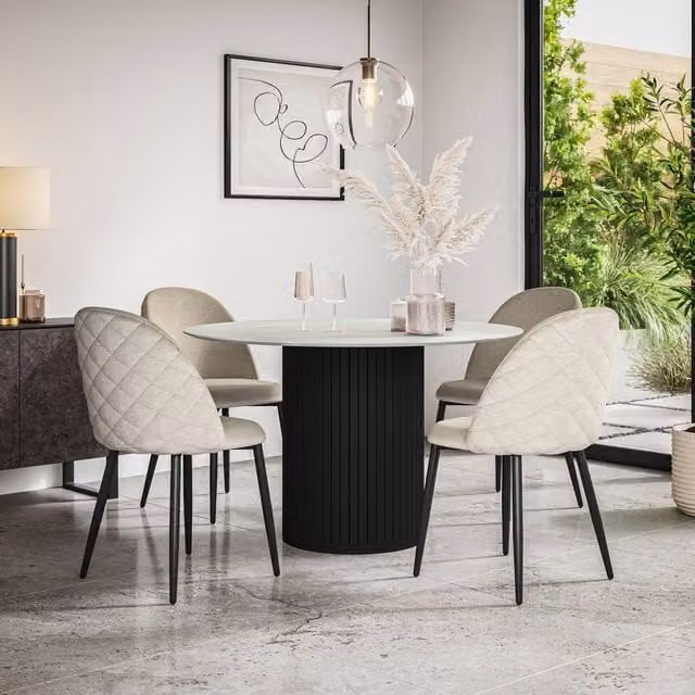 More4Homes Arlo White Marble Top Dining Table with Black Legs and 4 Raye Beige Velvet Dining Chairs Set