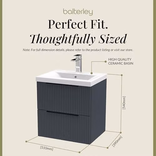 Balterley Wall Hung Bathroom Vanity Unit with Basin and 2 Soft Close Drawers, Fluted Front Design, Dark Grey, W: 51.0 cm, D: 39.0 cm, H: 54.0 cm – 2