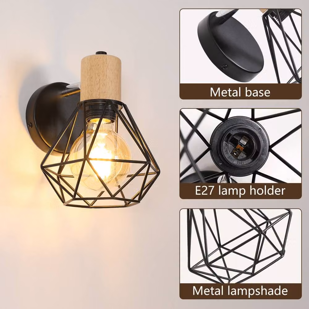 Pheashine Industrial Black and Wood Wall Lamp with E27 Bulb for Bedrooms, Living Rooms and Hallways – 3