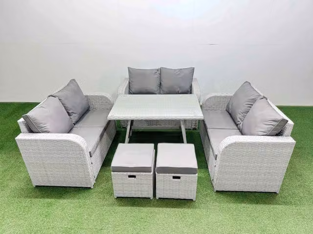 Fimous 8-Seater Patio Set with Rectangular Table, Love Sofa and 2 Small Stools in Light Grey