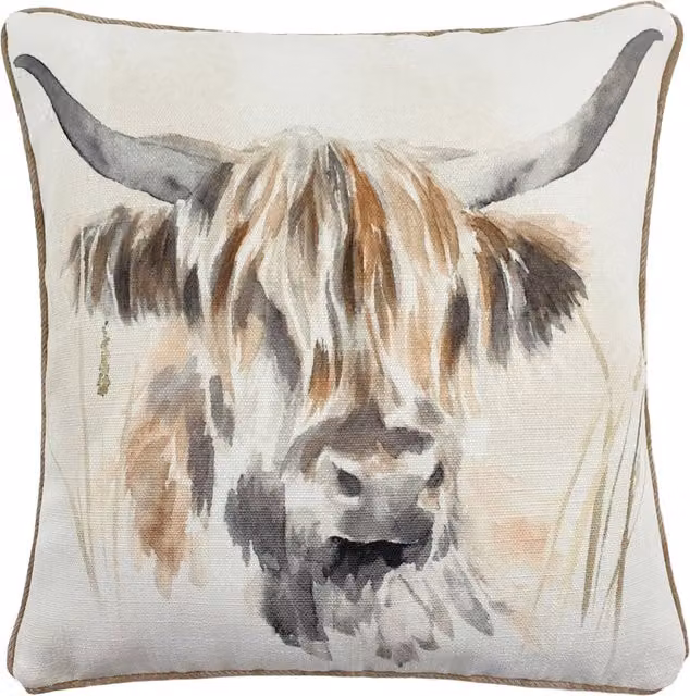 Make it a Home Watercolour Highland Cow Feather Filled Square Cushion in Multicolour and Brown
