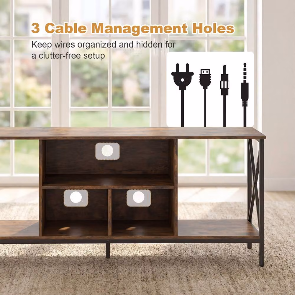 Gymax TV Stand with LED Lights and Power Outlets in Brown – 4