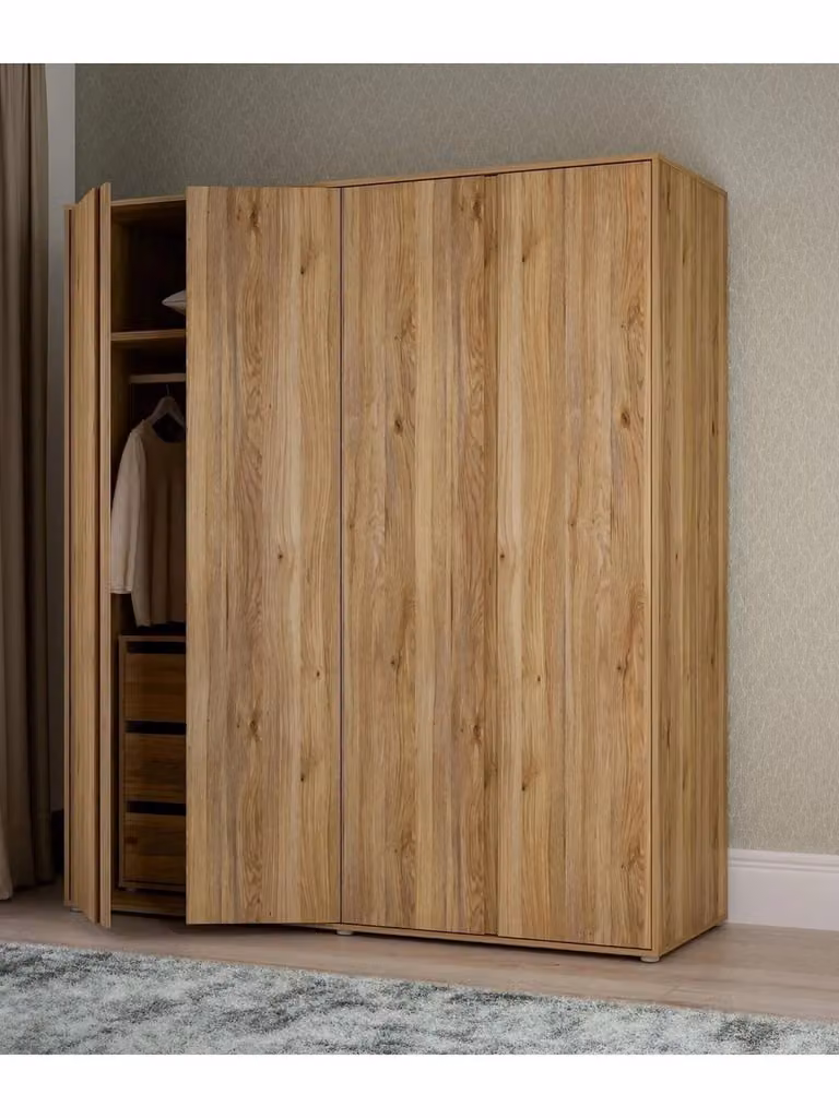 Lisson 4 Door Wardrobe with Internal Chest of Drawers in New Oak, W/D/H: 193.7 x 60.2 x 169.1 cm