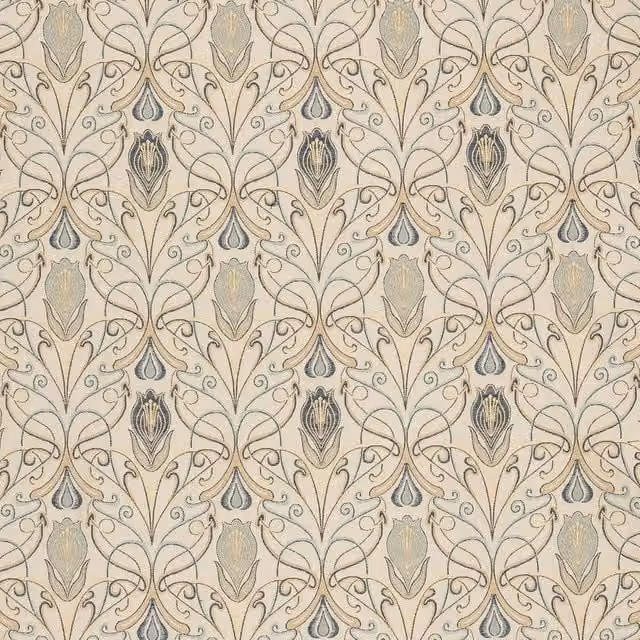 Terrys Verona Art Deco Floral Chenille Fabric in Blue and Beige