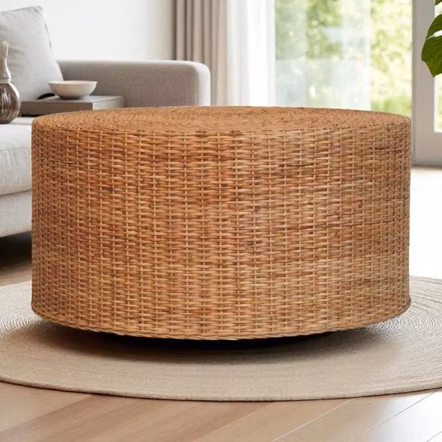 Artisan Furniture Modern Round Woven Rattan and Wood Coffee Table in Brown