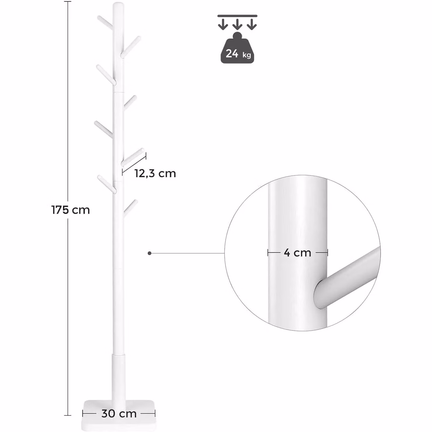 VASAGLE White Premium Wood Hall Stand Multi Hook Coat Tree with Adjustable Height, H: 175 cm, W: 30 cm, D: 24 cm – 2