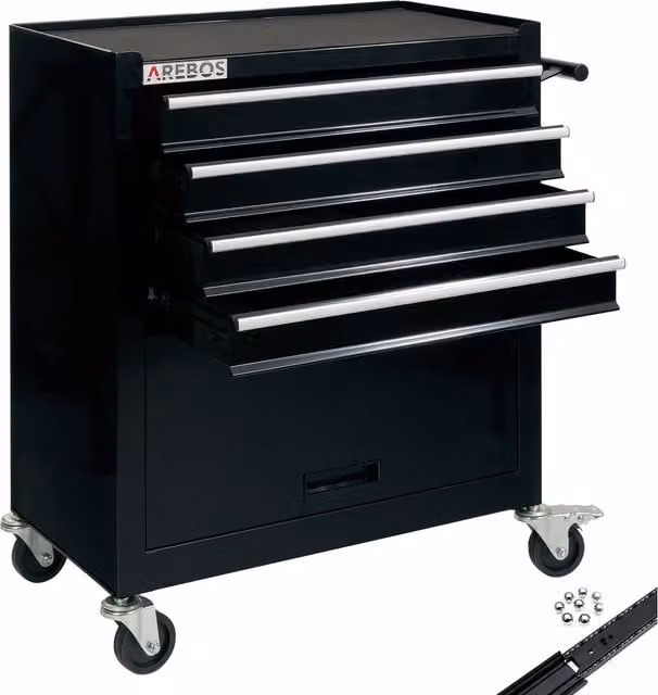 AREBOS Steel Tool Cabinet Cart Workshop Trolley with 4 Drawers, Black
