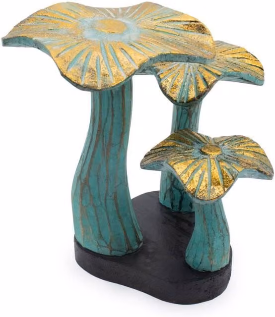 KDMD Greenwash Golden Mushroom Sculpture in Turquoise and Green Wood, 20 cm
