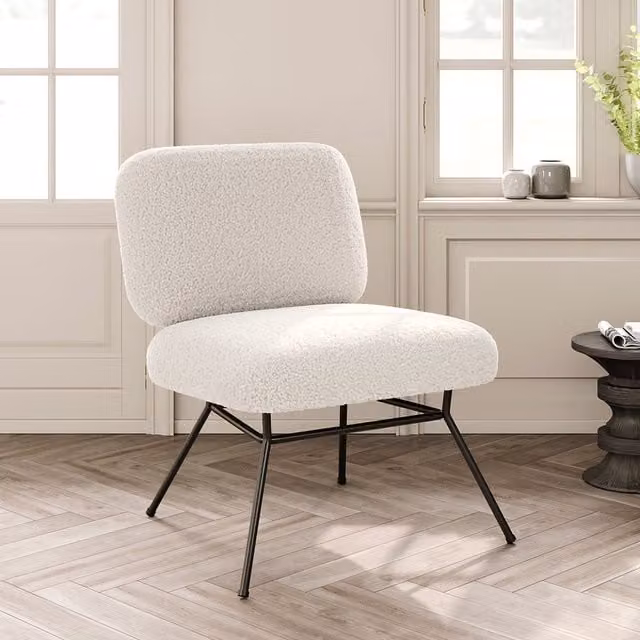 Livingandhome Scandinavian Style Beige Boucle Faux Wool Accent Chair with Black Metal Frame