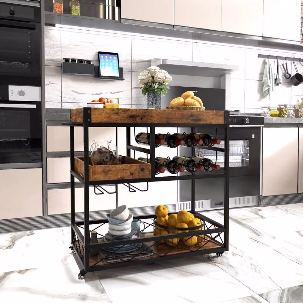 KORVIXA 3-Tier Vintage Kitchen Serving Cart, Brown, W/D/H: 100 x 100 x 100 cm – 3