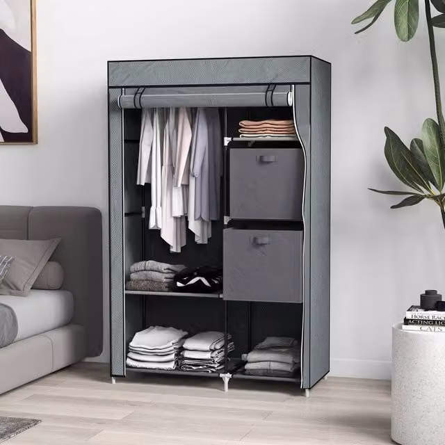 EONLION Portable Grey Clothes Wardrobe with Roll Shutter and Integrated Drawers