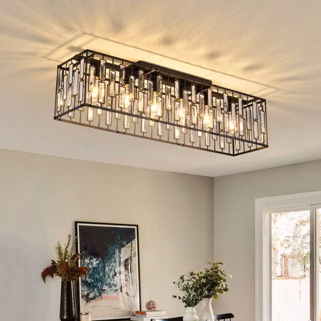 NIVOR Modern Black Rectangular Crystal Ceiling Light with 6 E27 Dimmable Lamps