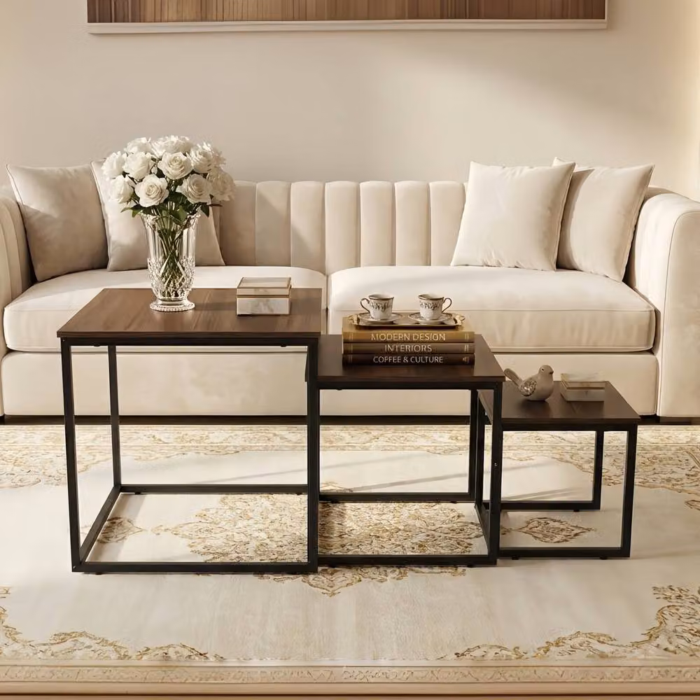 Alivio 3-Piece Industrial Nesting Coffee Table Set with Wood Tops and Black Metal Sled Base, Brown – 2