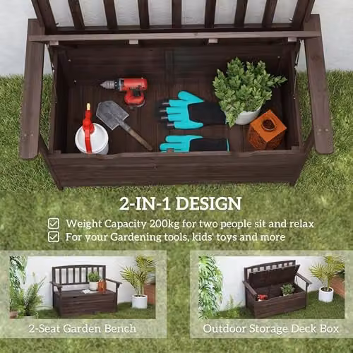 Outsunny 2 Seater Garden Storage Bench in Brown Wood, W/D/H: 112 x 84 x 58 cm – 4