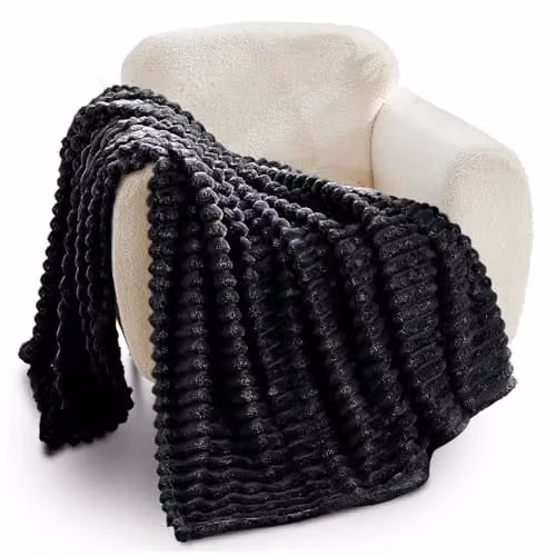 GAVENO CAVAILIA Ribbed Fluffy Fleece Blanket Throw, Black, W/D/H: 200 x 240 cm