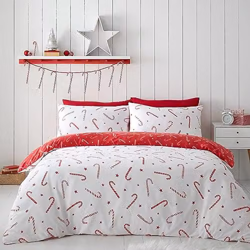 Catherine Lansfield Christmas Candy Cane Reversible Single Duvet Cover Set with Pillowcase, Red and White, W/D/H: 135 x 200 cm, Pillowcase: 50 x 75 cm
