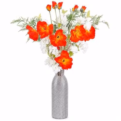 Leaf Design UK 100cm Artificial Poppy and White Blossom Floral Arrangement in a Red Glass Vase