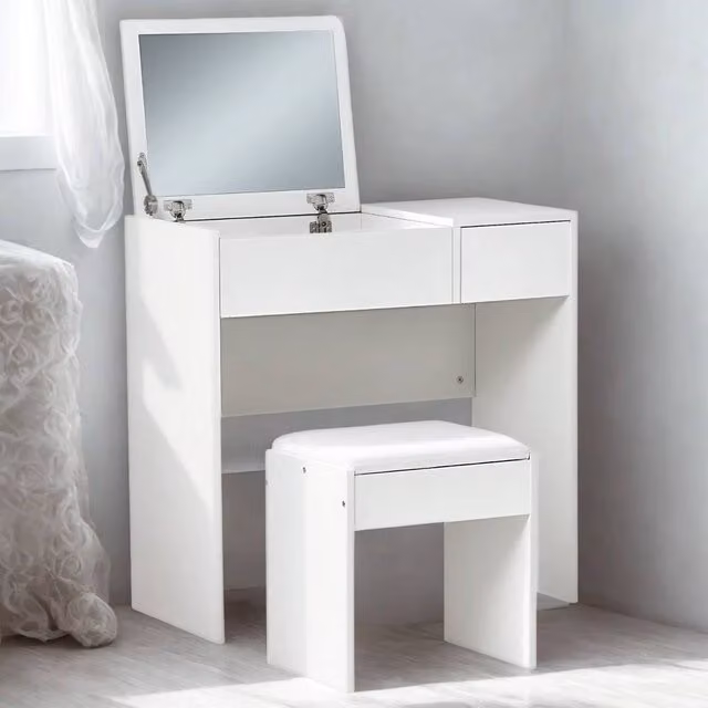 Pirlo Plush 2-in-1 Flip-Up Dressing Table and Workstation with Stool in White – 1