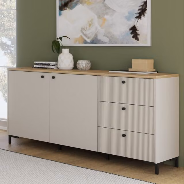 Furniture To Go Bixbite Wide Sideboard with Fluted Drawers and Cupboard in Mauvella Oak and Sand