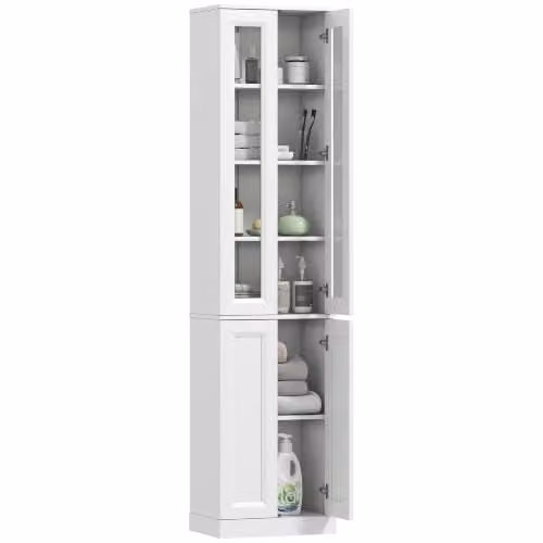HOMCOM 6-Tier Tall Bathroom Storage Cabinet in White with Soft-Close Hinged Doors, W/D/H: 38 x 26 x 160 cm