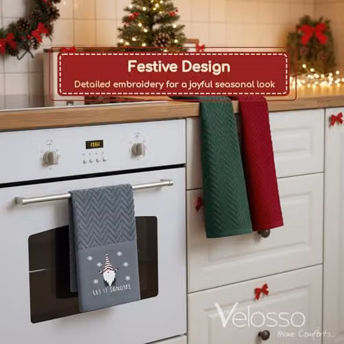 Velosso 3 Pack Christmas Tea Towel Set with Let It Sgnome Design, Absorbent Cotton Kitchen Towels in Green, Red and Grey – 3