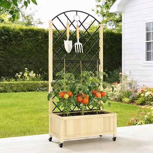 Outsunny Wooden Raised Garden Bed with Metal Trellis and Lockable Wheels, Natural Brown – 7
