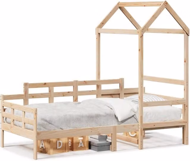 Berkfield Home Solid Wood Pine Day Bed with Roof in Natural Brown, W/D/H: 200 x 80 x 80 cm