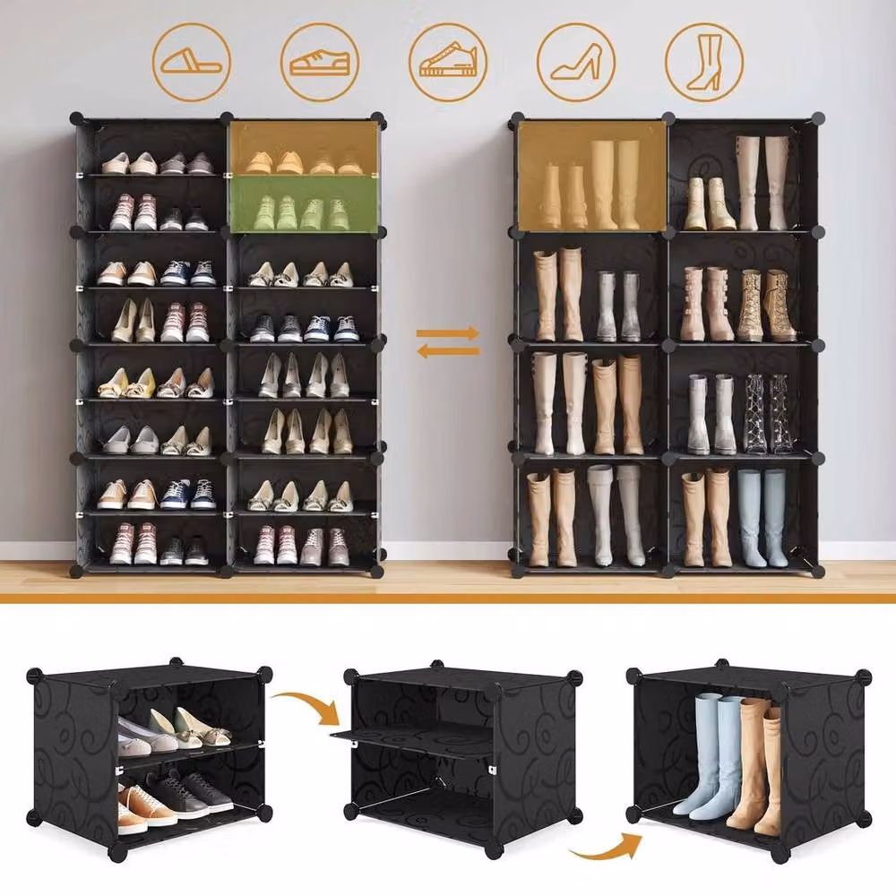 KORVIXA Black 8 Piece Portable Plastic Shoe Cabinet with Hinged Doors, W: 100 cm, H: 125 cm – 4