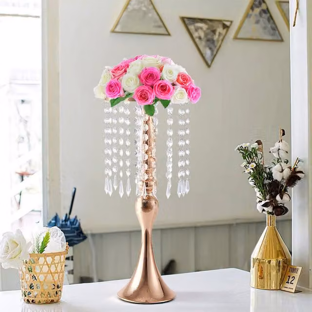 Livingandhome Gold Crystal Pendant Taper Candle Holder