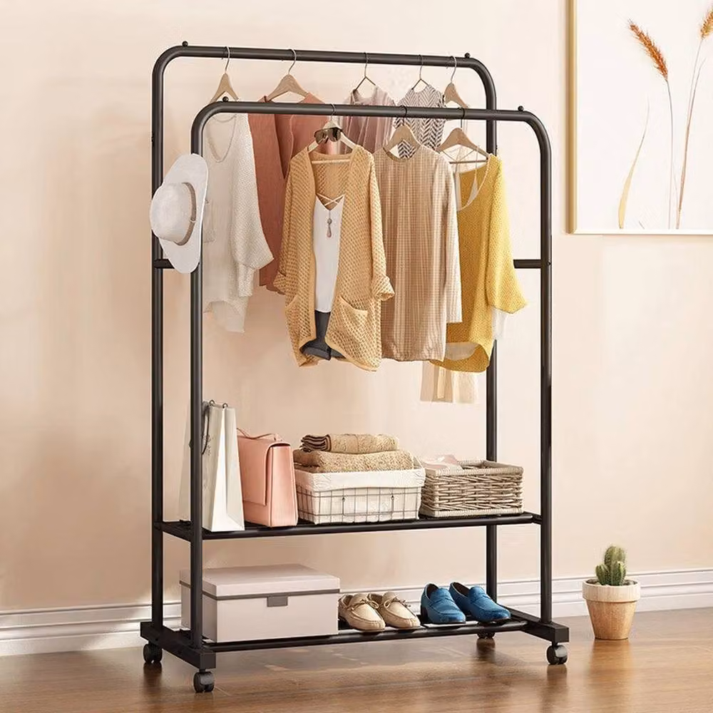 ERGOVEXA Double Clothes Rail Garment Hanging Rack with Open Corner Shelf in Matt Black – 3