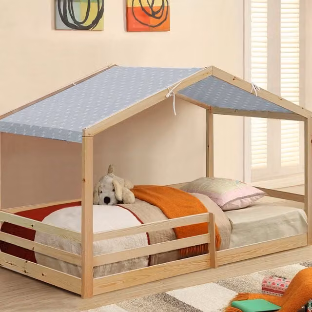 Comfy Living Single Wooden House Style Childrens Bed with Grey Fabric Tent, W/D/H: 90 x 190 cm