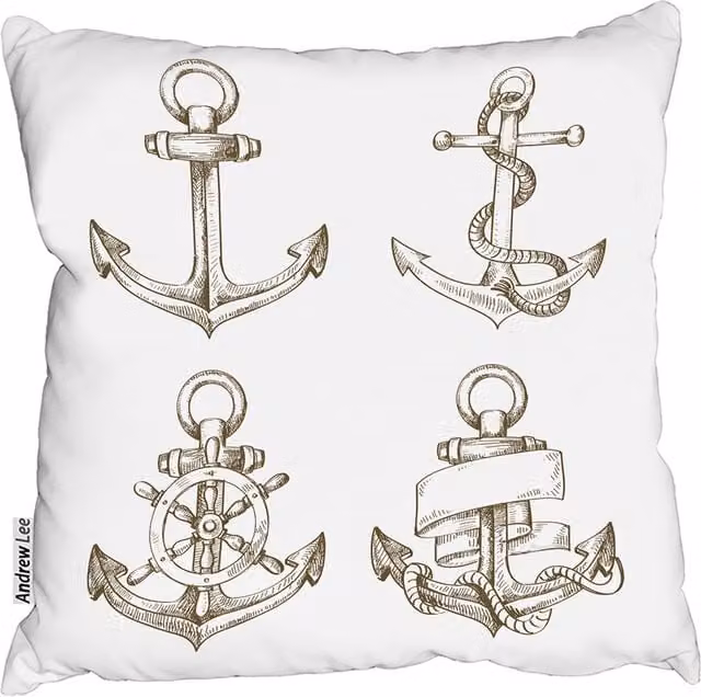 Andrew Lee Drawn Anchors Nautical Square Cushion, White, W/D/H: 60 x 60 x 1 cm