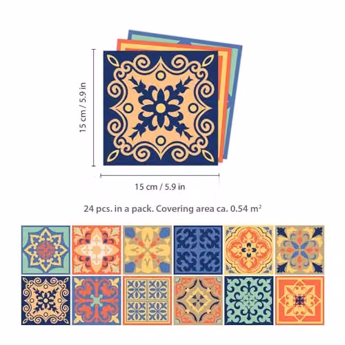 WALPLUS Mara Multicolour Geometric Wall Tile Stickers, 24pcs, 15 x 15 cm – 3