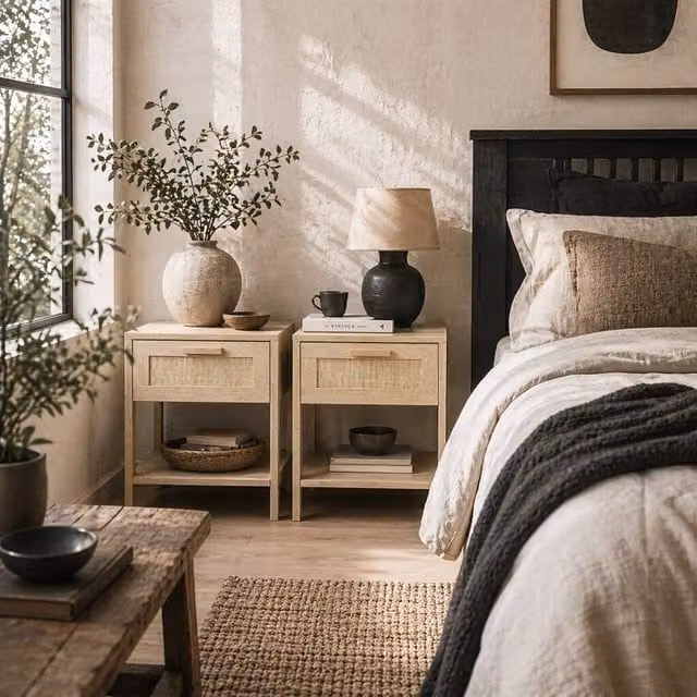 Wyld Haus Dilamo Set of 2 Farmhouse Bedside Tables with Rattan Drawer and Open Shelf in Beige