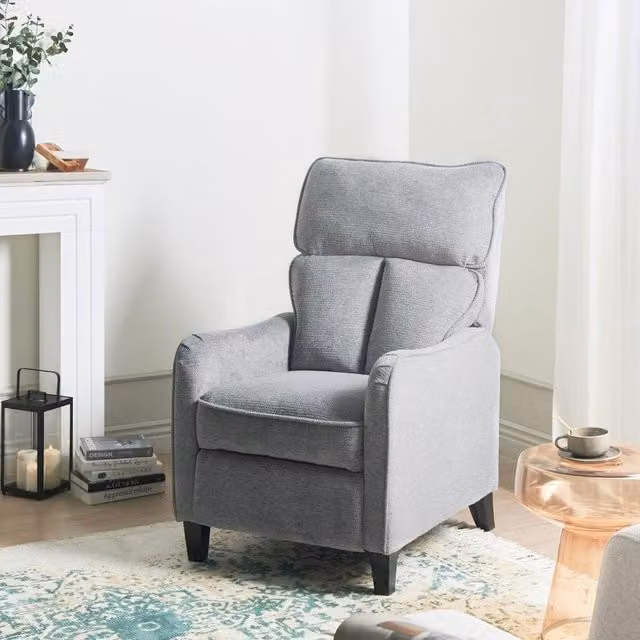 Wyld and Coco Heritage Reclining Armchair in Grey Fabric with Vintage Style High Back – 1