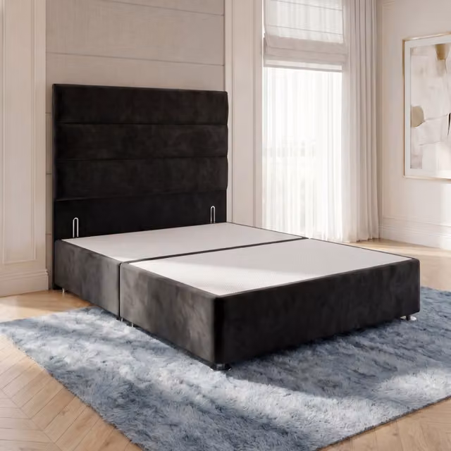 Horizona Black Velvet Upholstered Double Divan Bed Base with Drawers and Floor Standing Headboard W/D/H: 140 x 200 cm