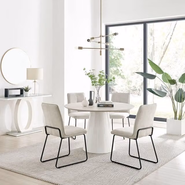 FurnitureboxUK Palma Beige Stone Effect Round Dining Table and 4 Halle Chairs in Taupe