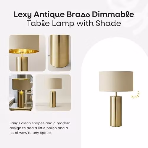 ValueLights Antique Brass Single Stem Touch Dimmer Table Lamp with Black and Gold Fabric Shade