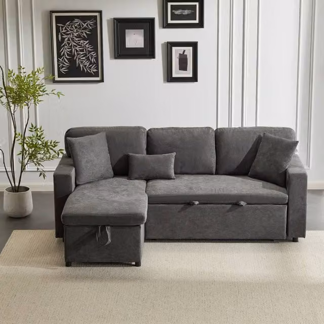 Tokpiedi 3 Seater L-Shaped Reversible Sectional Sofa Bed with USB Charging and Side Shelf in Grey Fabric – 1