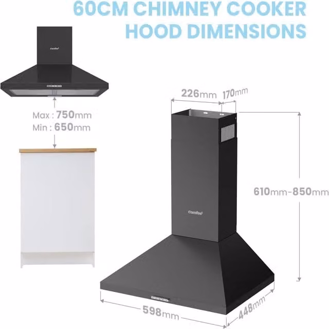 Living Star 3 Speed Wall Mounted Chimney Cooker Range Hood with LED Light, Black, W: 60 cm, H: 60 cm, D: 40 cm